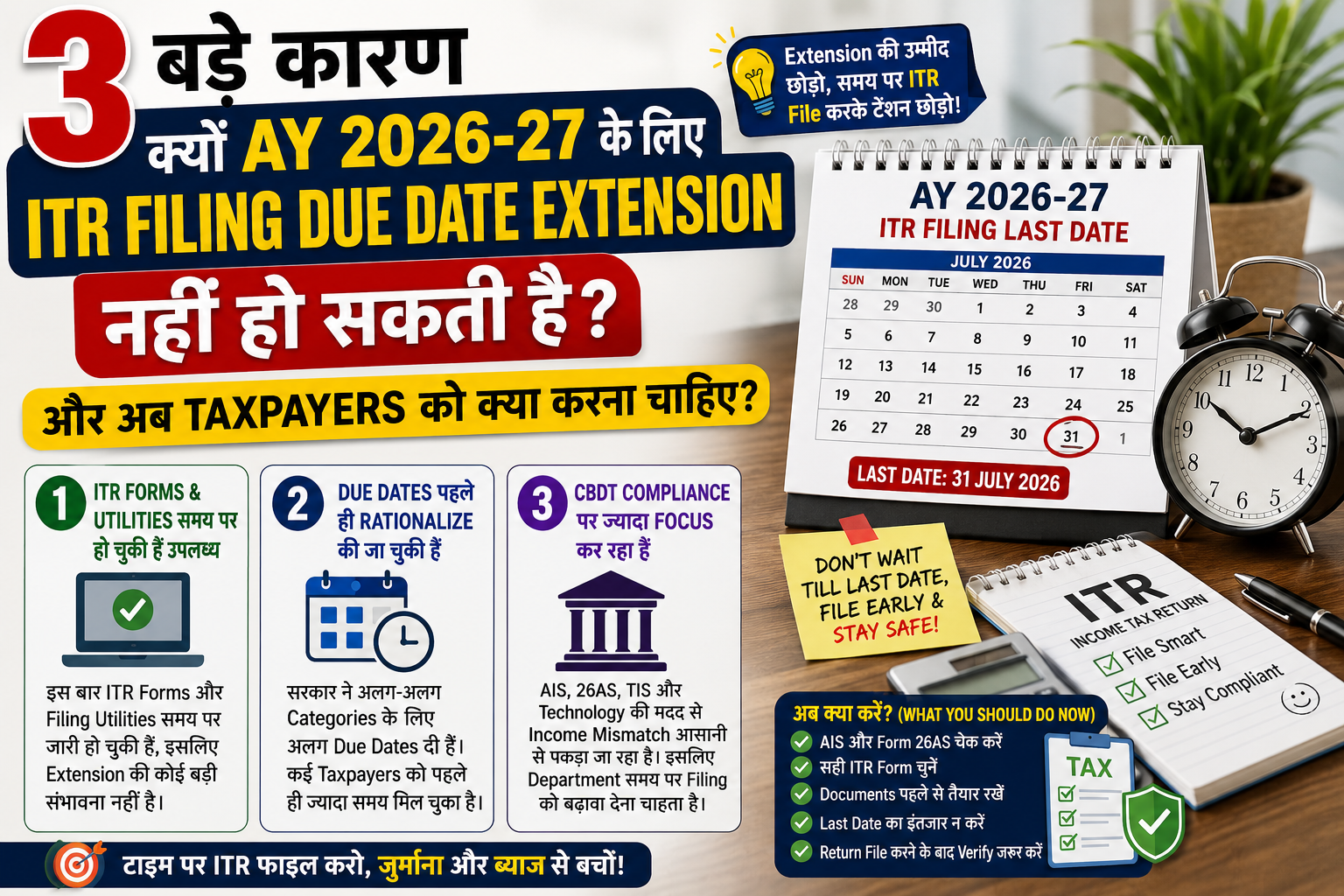 ITR Due Date बढ़ने की उम्मीद कम! AY 2026-27 के लिए 3 बड़े कारण और Taxpayers के लिए जरूरी सलाह ? 3 ITR